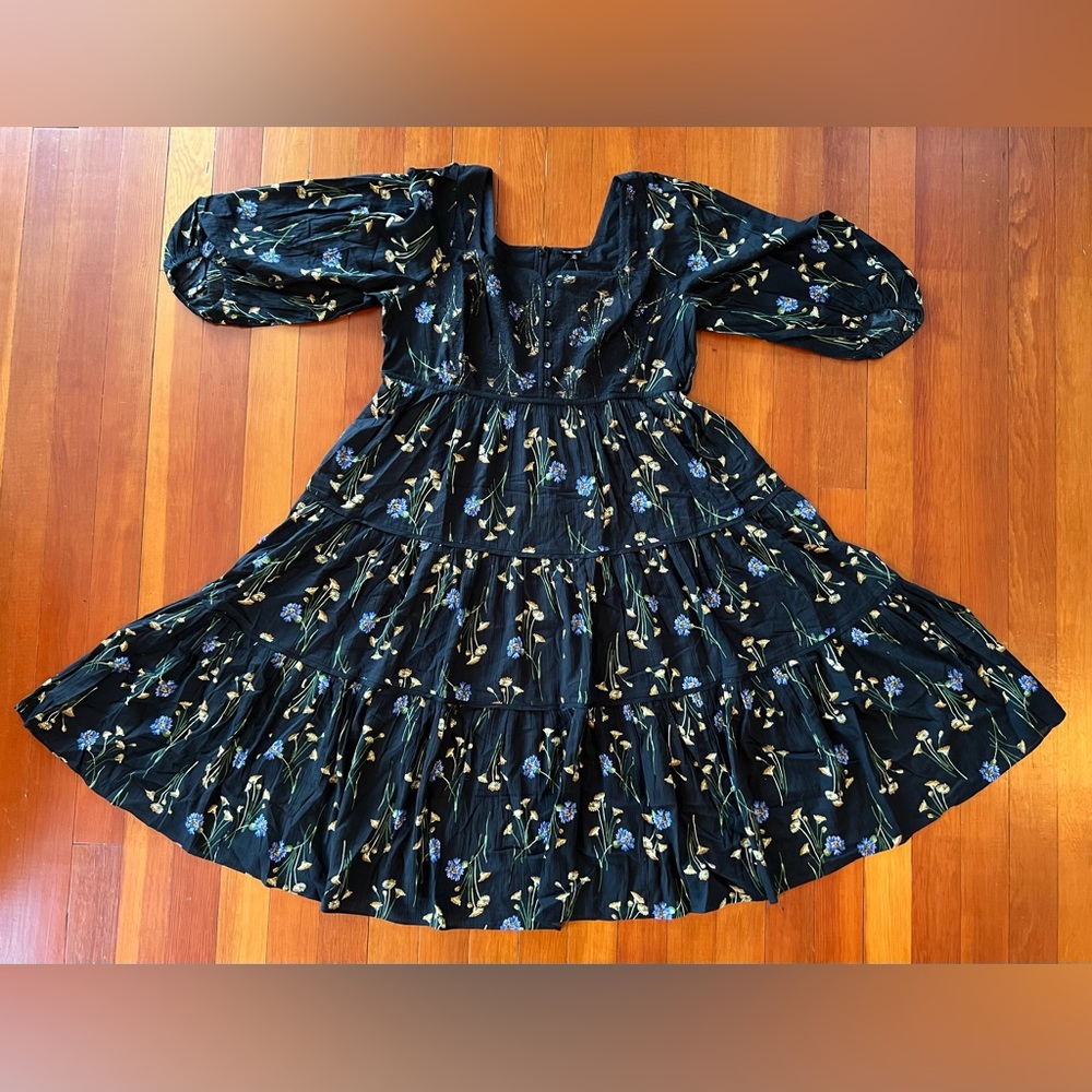 NWT Madewell Long Sleeve Tiered Plus Dress Black w/ Blue flowers Nordstrom - 18W